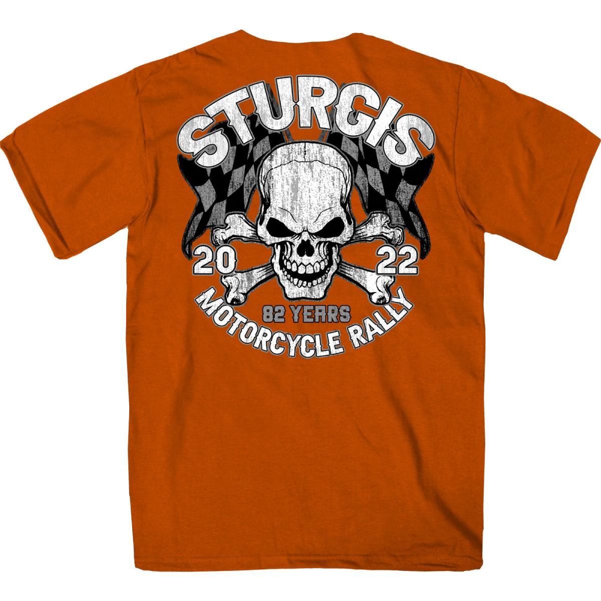 2022 Sturgis Motorcycle Rally SPB1011 Men’s Skull And Checkered Flag Orange T-Shirt