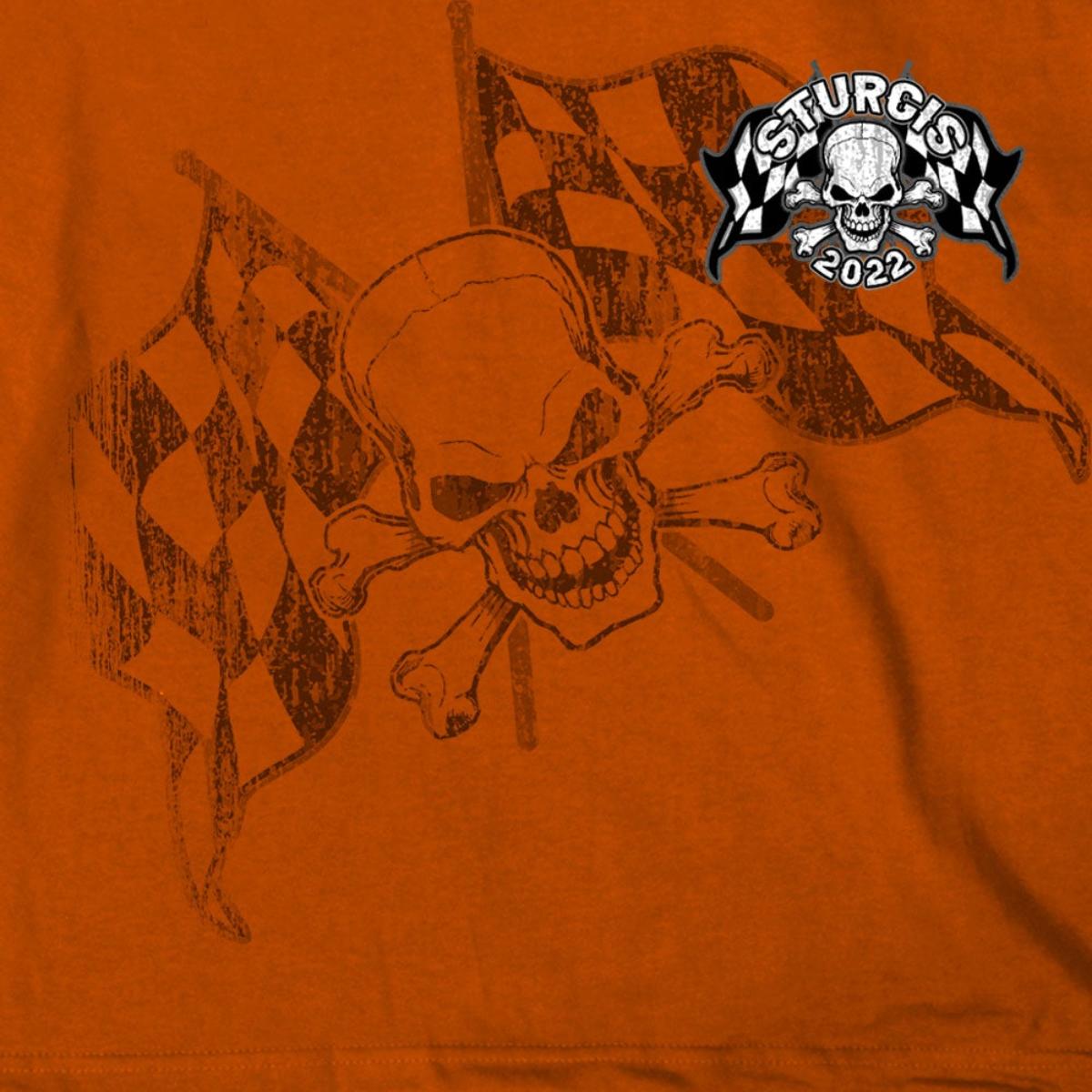 2022 Sturgis Motorcycle Rally SPB1011 Men’s Skull And Checkered Flag Orange T-Shirt