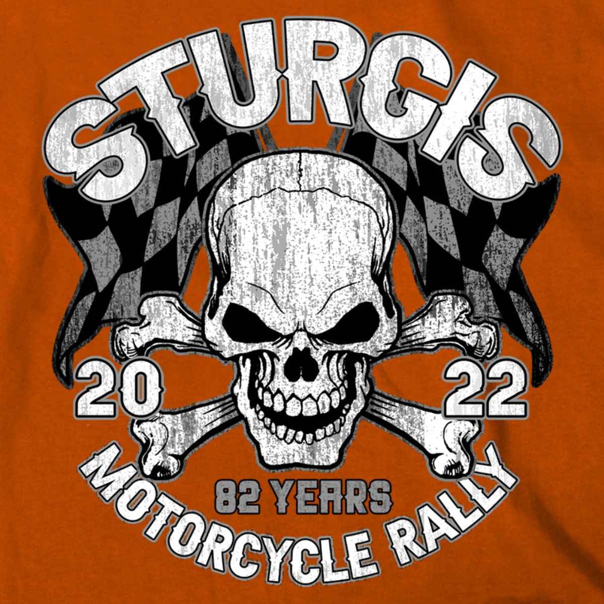 2022 Sturgis Motorcycle Rally SPB1011 Men’s Skull And Checkered Flag Orange T-Shirt