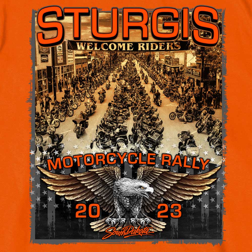 Hot Leathers SPB1083 Men’s Orange Sturgis 2023 Main Street T-Shirt