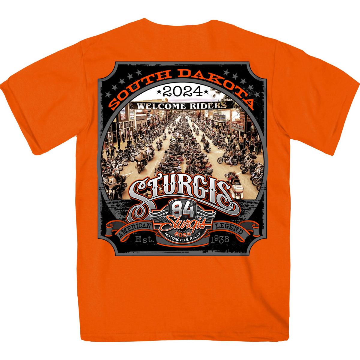 2024 Sturgis Men's Main Street Orange Motorcycle Rally Tee Shirt SPB1118