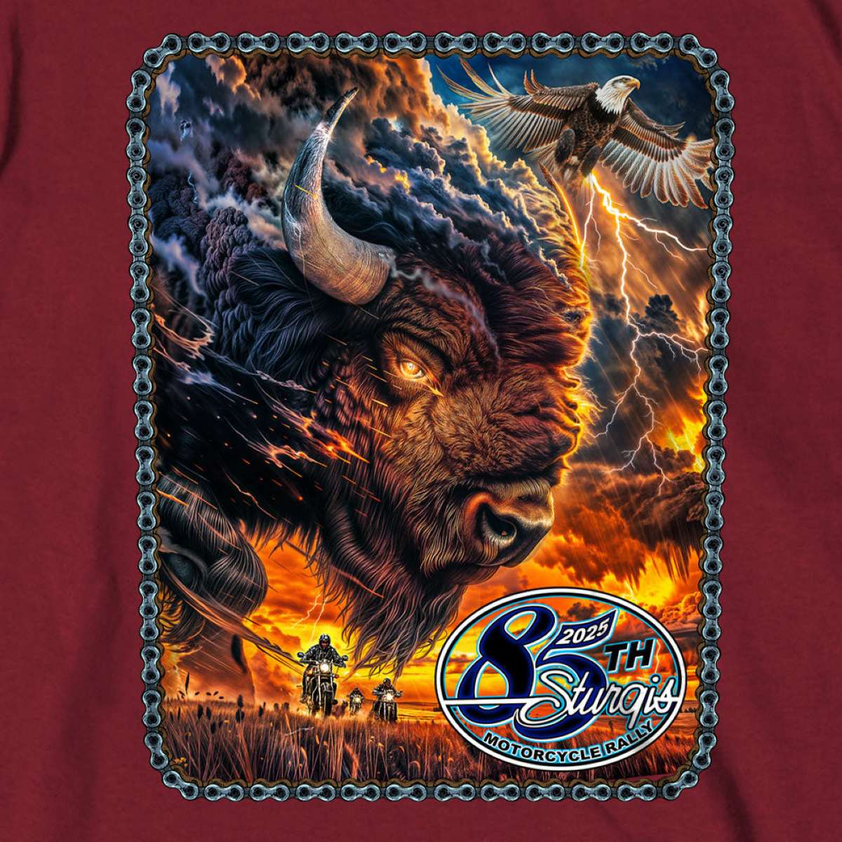 2025 Sturgis Motorcycle Rally American Bison Maroon SS T-Shirt SBP1190