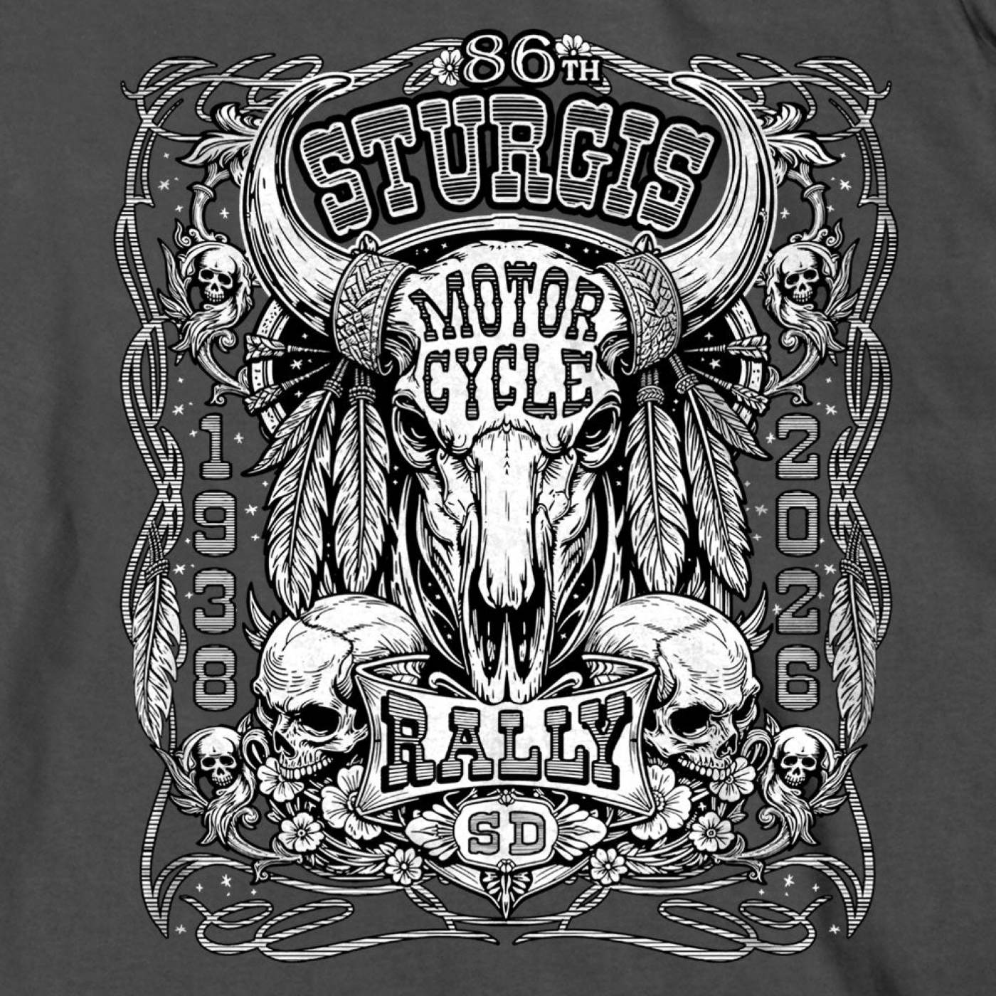 2026 Men's Sturgis Motorcycle Rally Bison Skull Charcoal Short Sleeve T-Shirt - SPB1212