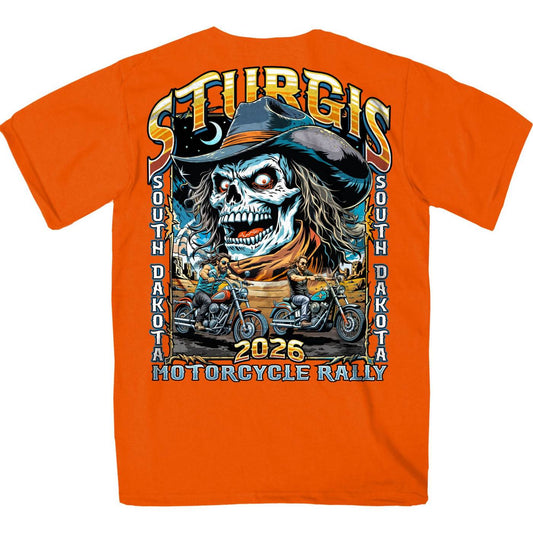 2026 Sturgis Motorcycle Rally Skull Chaser Numone Men's Orange T-Shirt - SPB1215