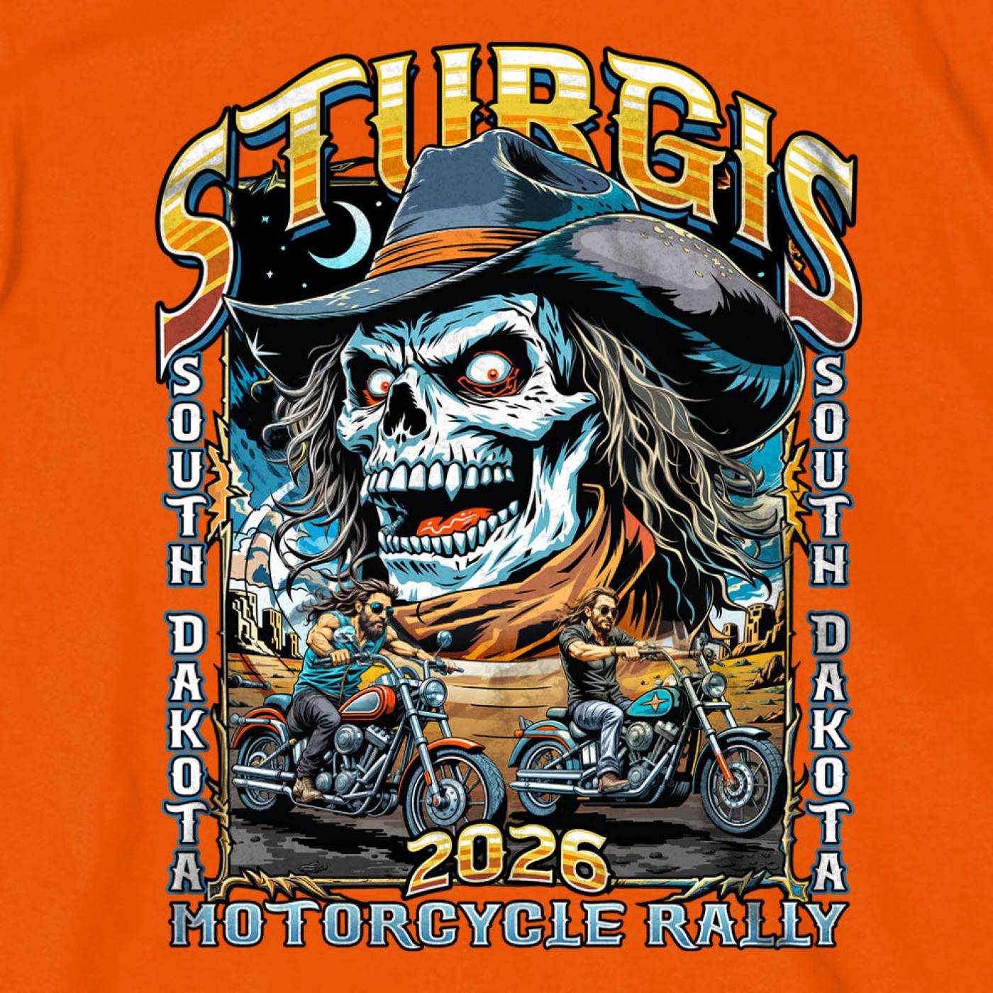2026 Sturgis Motorcycle Rally Skull Chaser Numone Men's Orange T-Shirt - SPB1215
