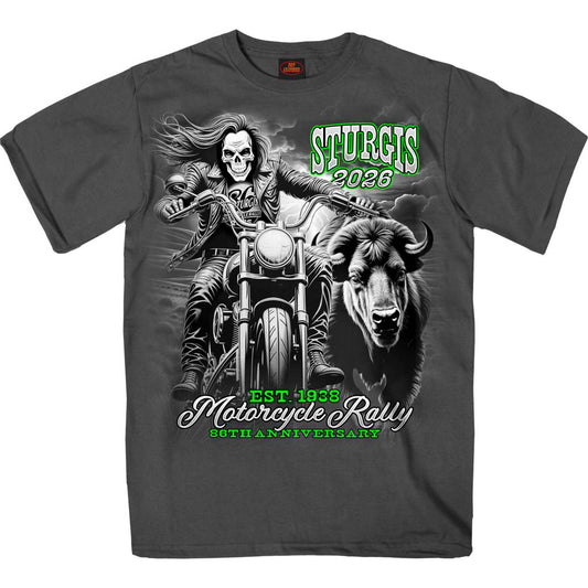 2026 Sturgis Motorcycle Rally Skull Chaser Numone Men's Charcoal T-Shirt-SPB1231