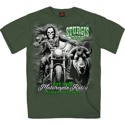2026 Sturgis Motorcycle Rally Skull Chaser Numone Men's Military Green T-Shirt - SPB1232