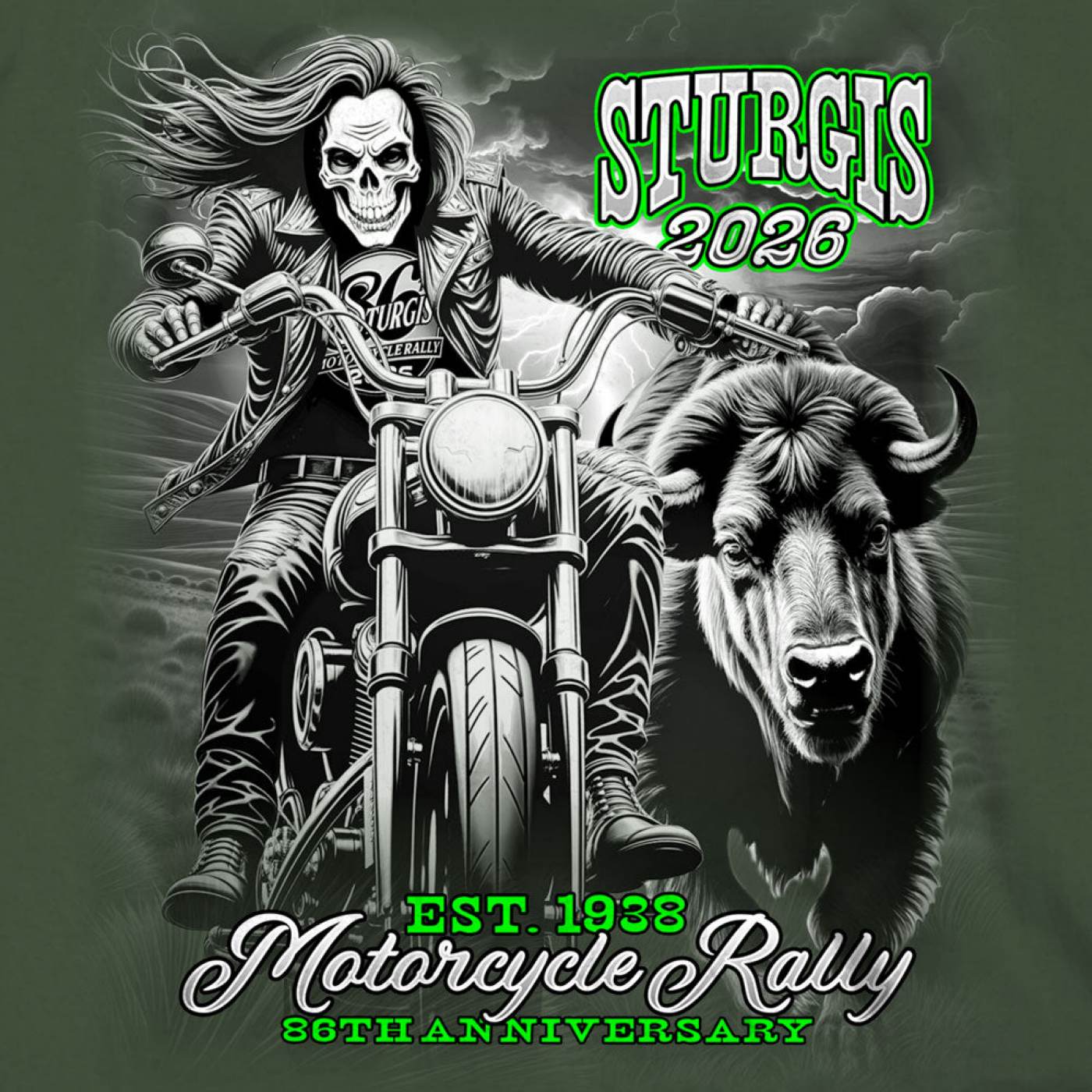 2026 Sturgis Motorcycle Rally Skull Chaser Numone Men's Military Green T-Shirt - SPB1232