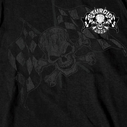 2022 Sturgis Motorcycle Rally SPB2009 Men's Black Skull And Checkered Flag Long Sleeve