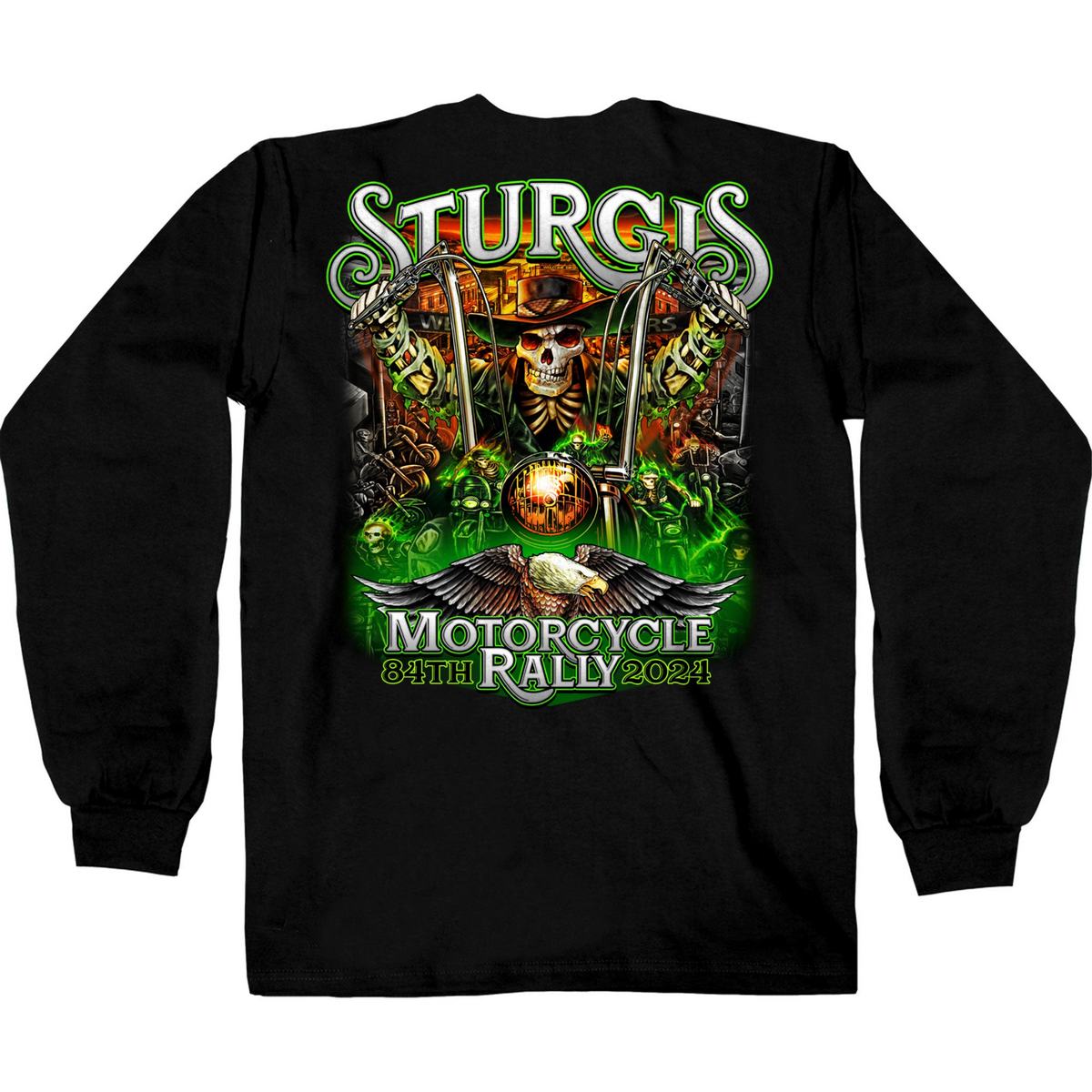 2024 Sturgis #1 Men's Design Eagle & Skull Black Motorcycle Rally Long Sleeve Tee Shirt SPB2109