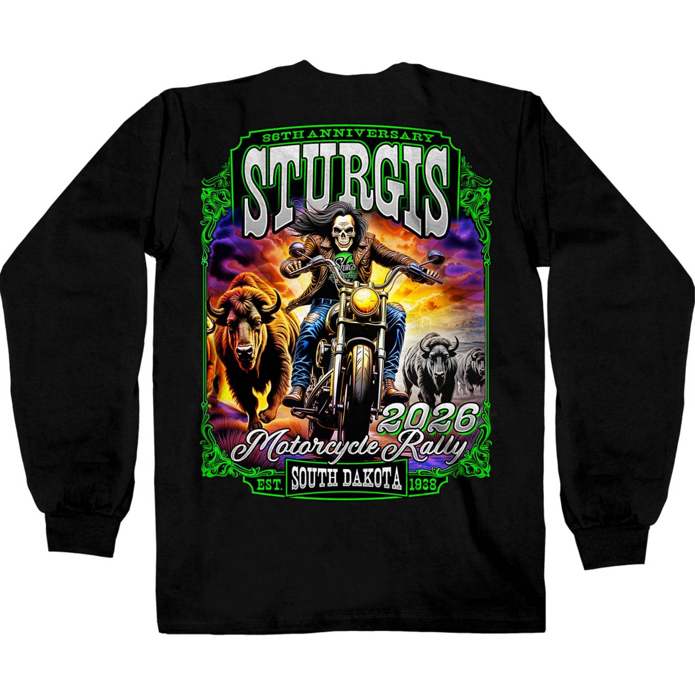 2026 Men's Sturgis Motorcycle Rally Skull Chaser #1 Black Long Sleeve Shirt - SPB2134
