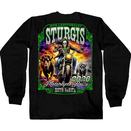 2026 Men's Sturgis Motorcycle Rally Skull Chaser #1 Black Long Sleeve Shirt - SPB2134
