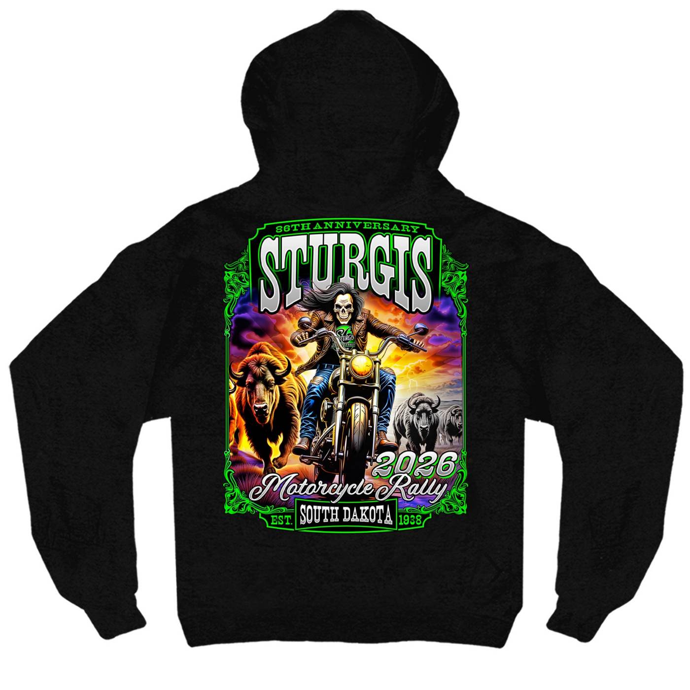 2026 Men's Sturgis Motorcycle Rally Skull Chaser #1 Black Zip-Up Hoodie - SPB4116