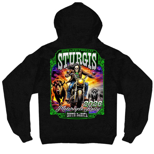 2026 Men's Sturgis Motorcycle Rally Skull Chaser #1 Black Zip-Up Hoodie - SPB4116