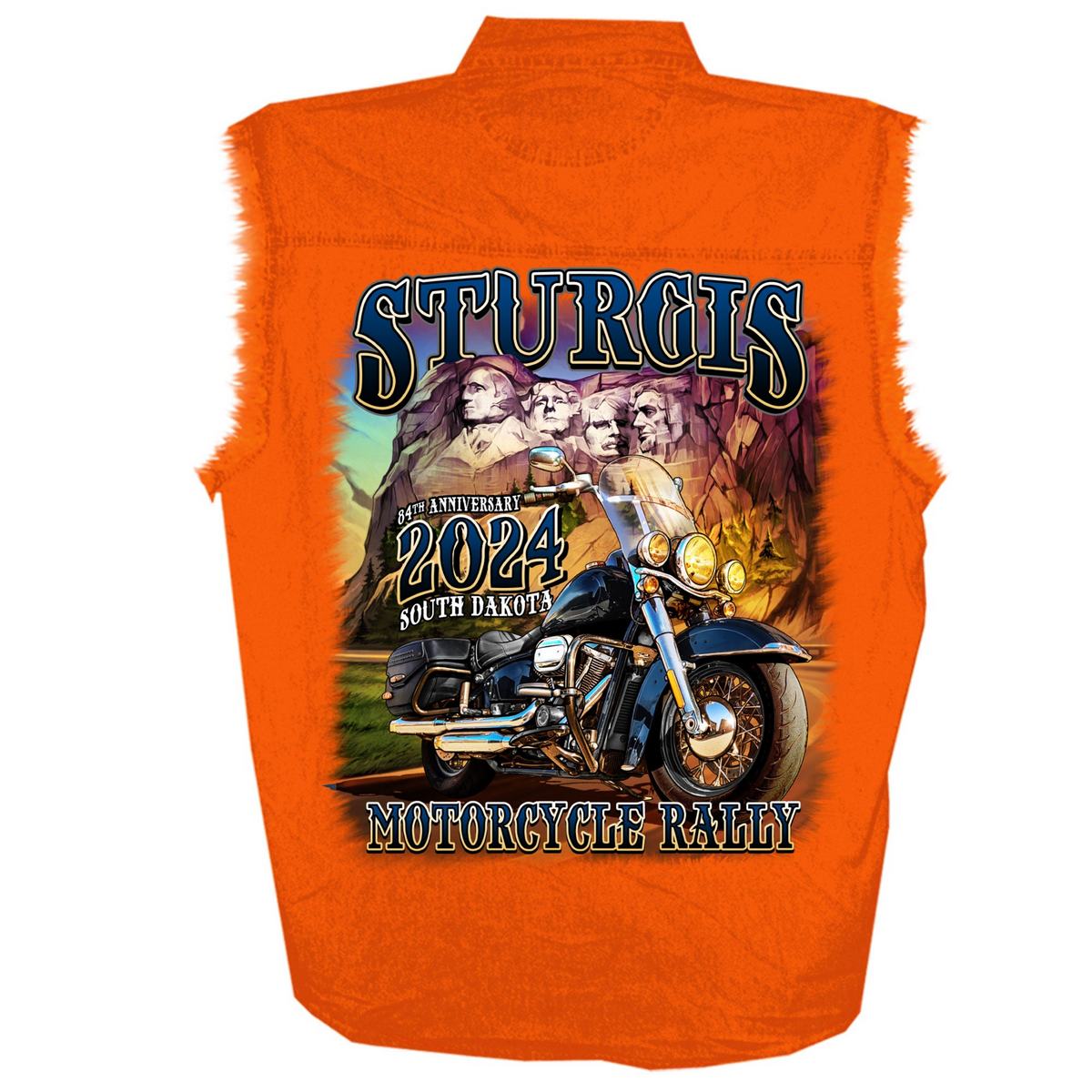 2024 Sturgis Men's Rushmore Orange Motorcycle Rally Sleeveless Denim Button Up Shirt SPB5100