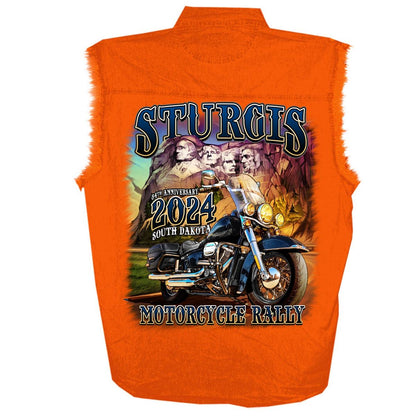 2024 Sturgis Men's Rushmore Orange Motorcycle Rally Sleeveless Denim Button Up Shirt SPB5100