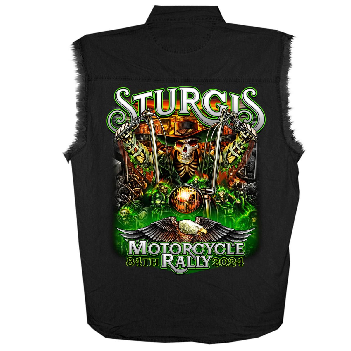 2024 Sturgis #1 Men's Design Eagle & Skull Black Denim Motorcycle Rally Button Up Shirt SPB5101