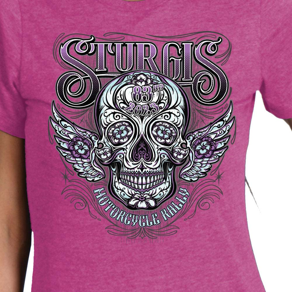 Hot Leathers SPL1828 Women's Heather Pink 2023 Sturgis Antique Sugar Skull T-Shirt