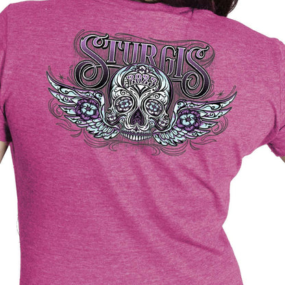 Hot Leathers SPL1828 Women's Heather Pink 2023 Sturgis Antique Sugar Skull T-Shirt