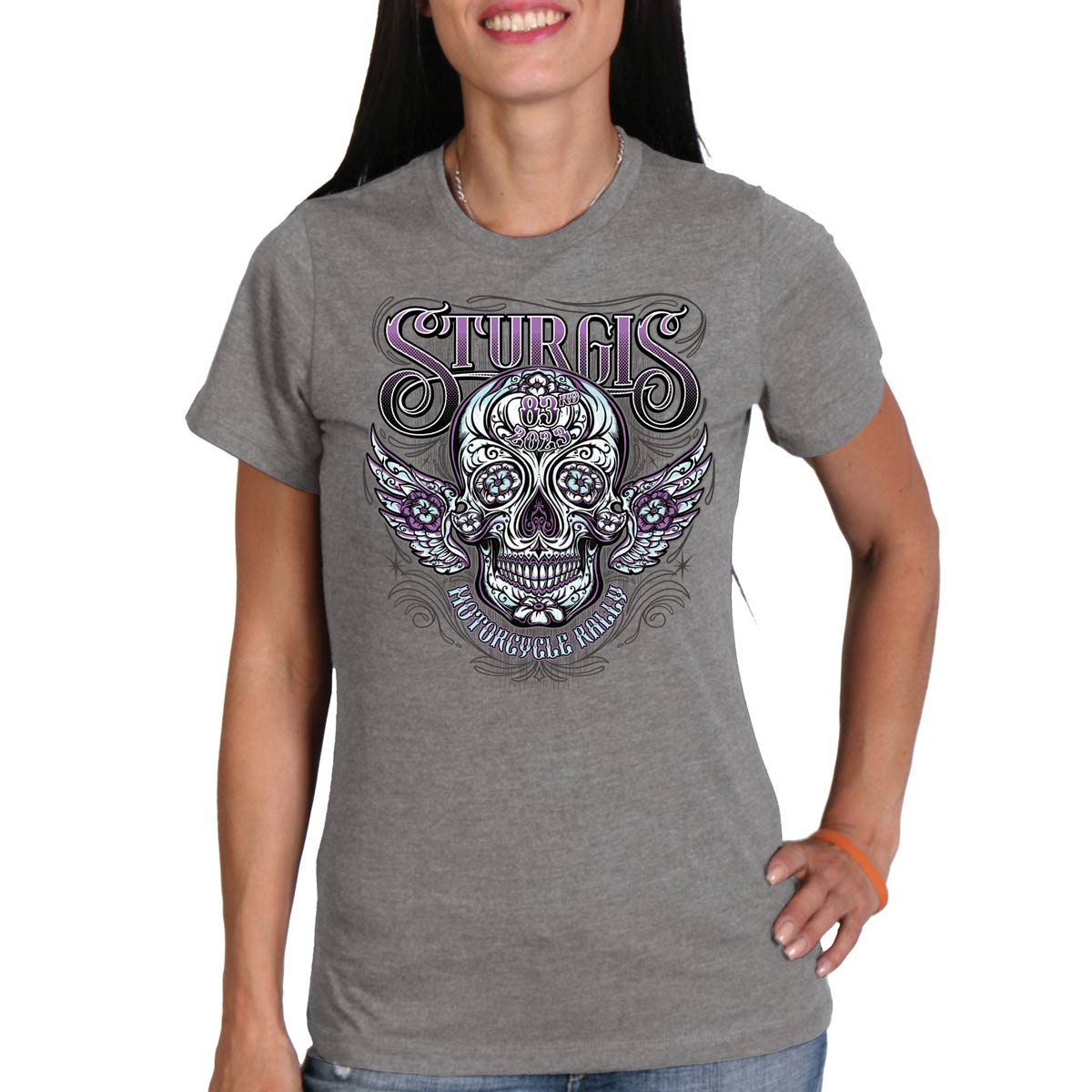 Hot Leathers SPL1830 Women's Heather Gray 2023 Sturgis Antique Sugar Skull T-Shirt