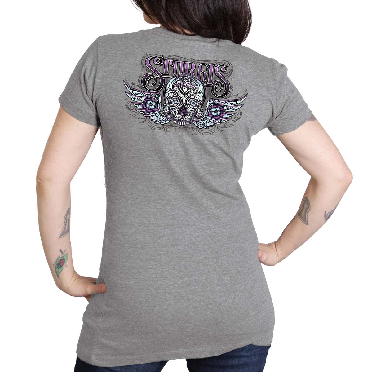 Hot Leathers SPL1830 Women's Heather Gray 2023 Sturgis Antique Sugar Skull T-Shirt