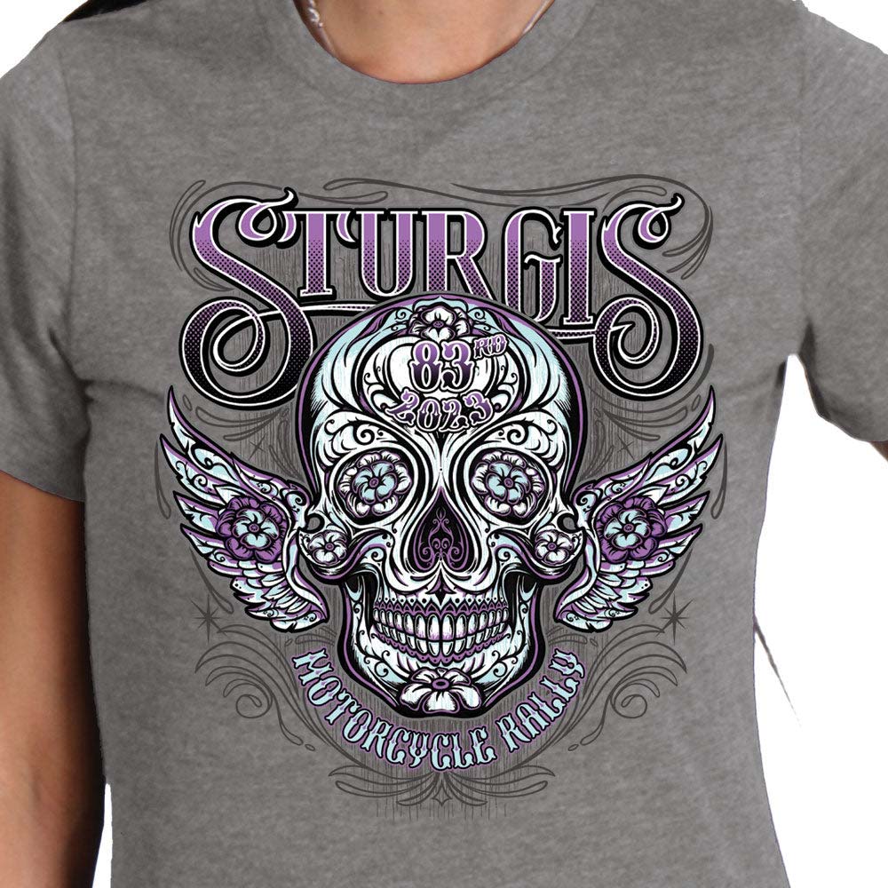 Hot Leathers SPL1830 Women's Heather Gray 2023 Sturgis Antique Sugar Skull T-Shirt