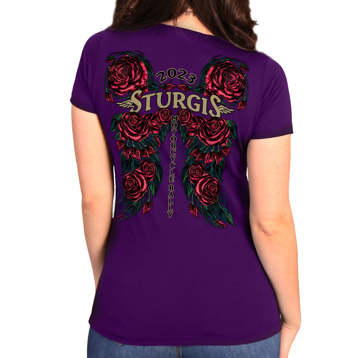 Hot Leathers SPL1849 Women's Purple 2023 Sturgis Rose Wings Short Sleeve T-Shirt