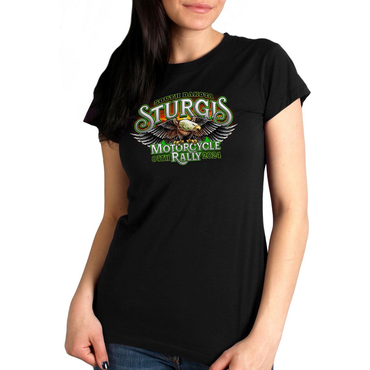 2024 Sturgis #1 Women's Design Eagle & Skull Black Motorcycle Rally T-Shirt SPL1886