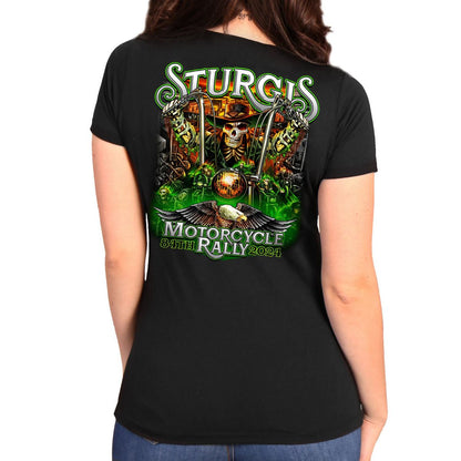 2024 Sturgis #1 Women's Design Eagle & Skull Black Motorcycle Rally T-Shirt SPL1886