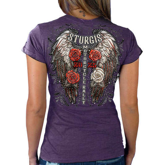 2025 Sturgis Women's Motorcycle Rally Leather Wings Purple Ladies T-Shirt