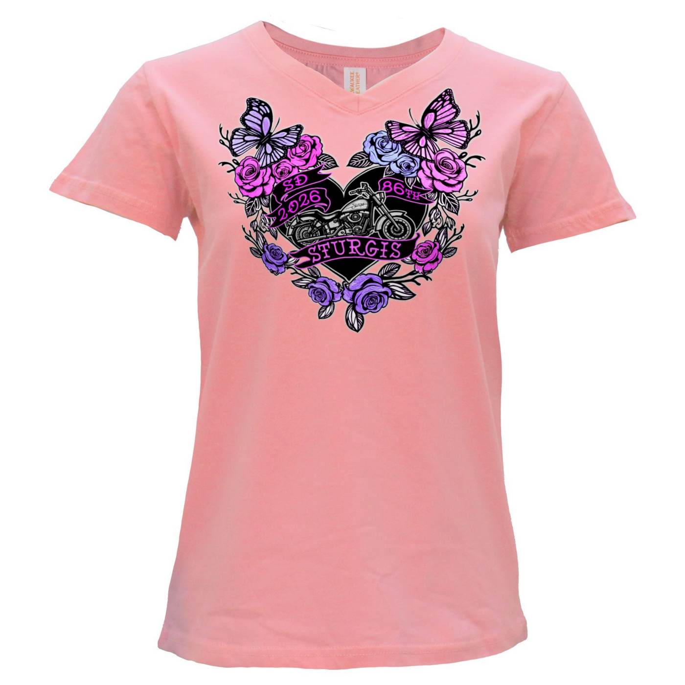 2026 Ladies Sturgis Motorcycle Rally Butterflies and Roses Pink Short Sleeve V-Neck T-Shirt - SPL1935