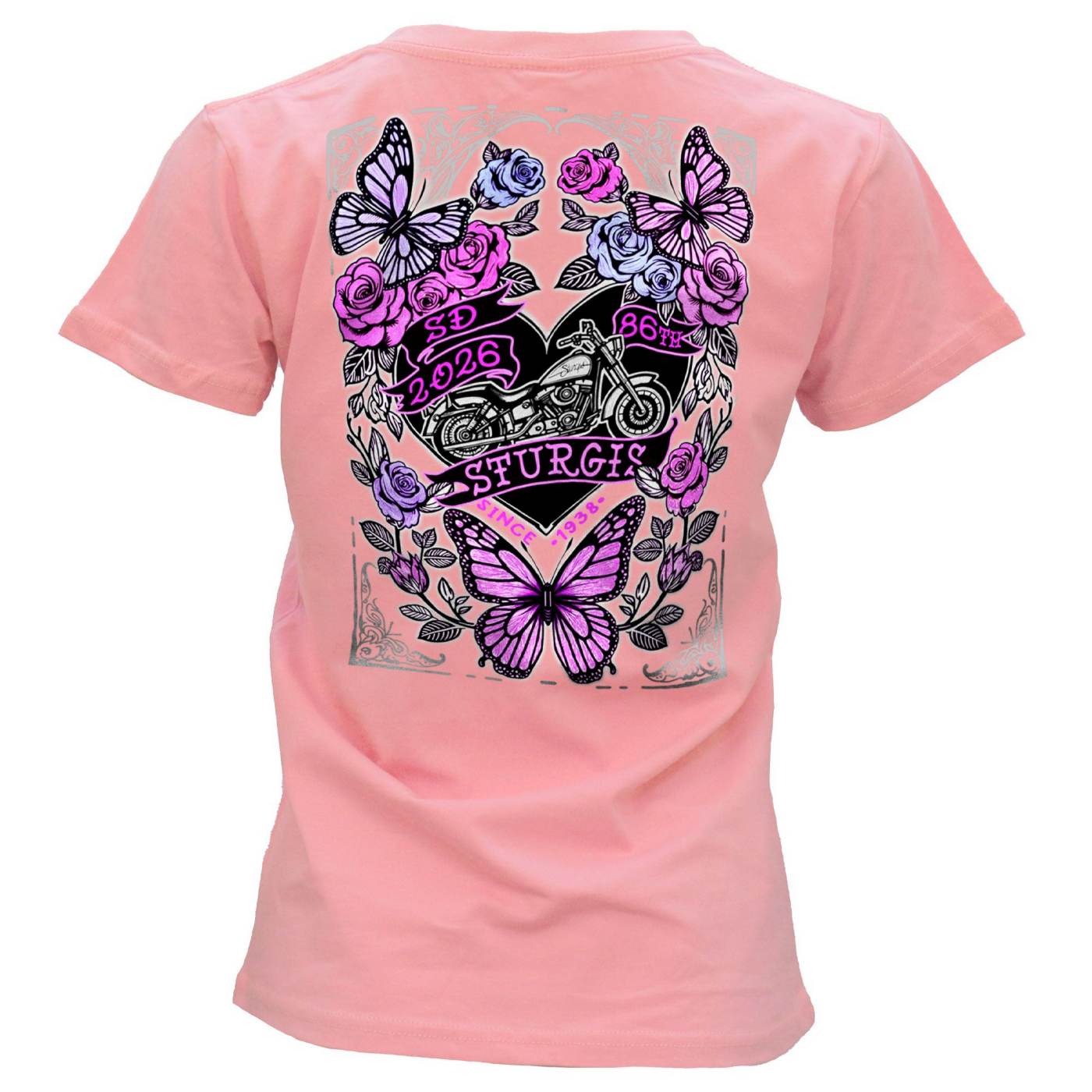 2026 Ladies Sturgis Motorcycle Rally Butterflies and Roses Pink Short Sleeve V-Neck T-Shirt - SPL1935