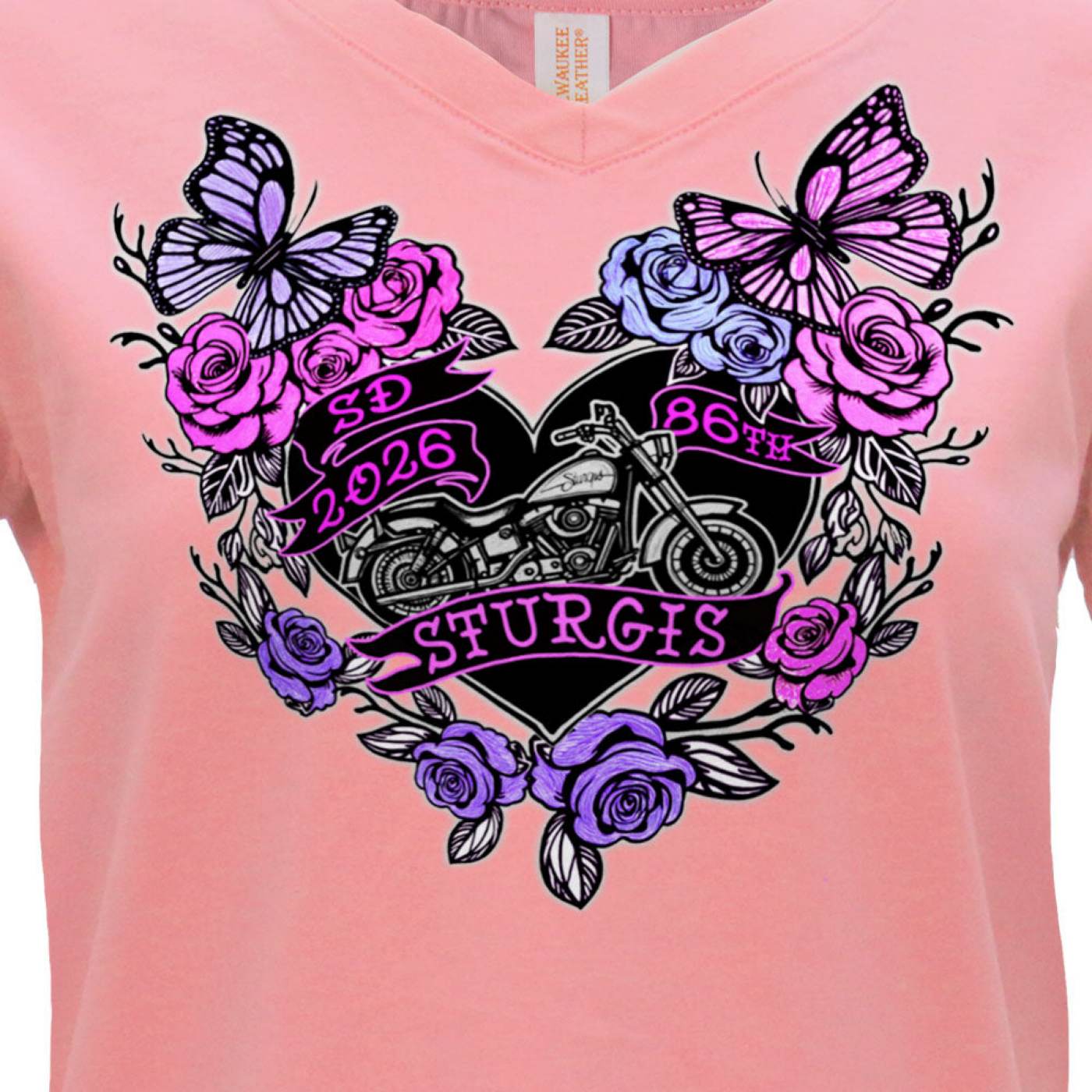 2026 Ladies Sturgis Motorcycle Rally Butterflies and Roses Pink Short Sleeve V-Neck T-Shirt - SPL1935