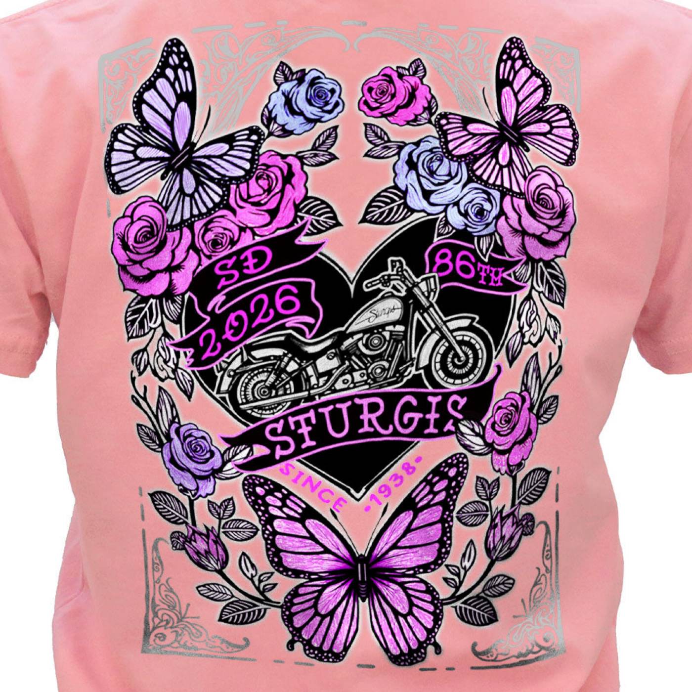 2026 Ladies Sturgis Motorcycle Rally Butterflies and Roses Pink Short Sleeve V-Neck T-Shirt - SPL1935