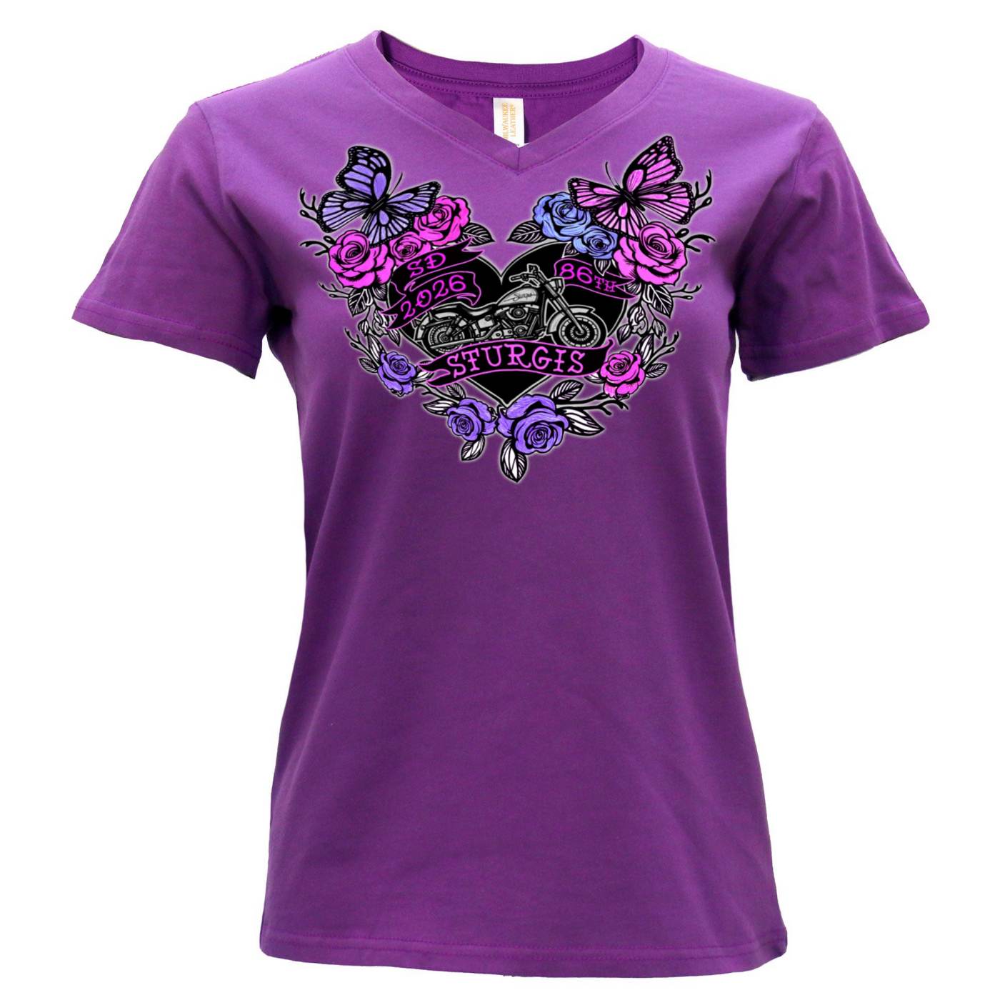 2026 Ladies Sturgis Motorcycle Rally Butterflies and Roses Purple Short Sleeve V-Neck T-Shirt - SPL1936
