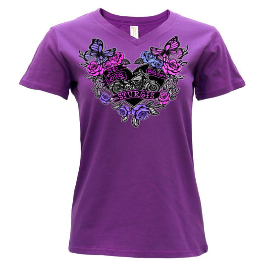 2026 Ladies Sturgis Motorcycle Rally Butterflies and Roses Purple Short Sleeve V-Neck T-Shirt - SPL1936