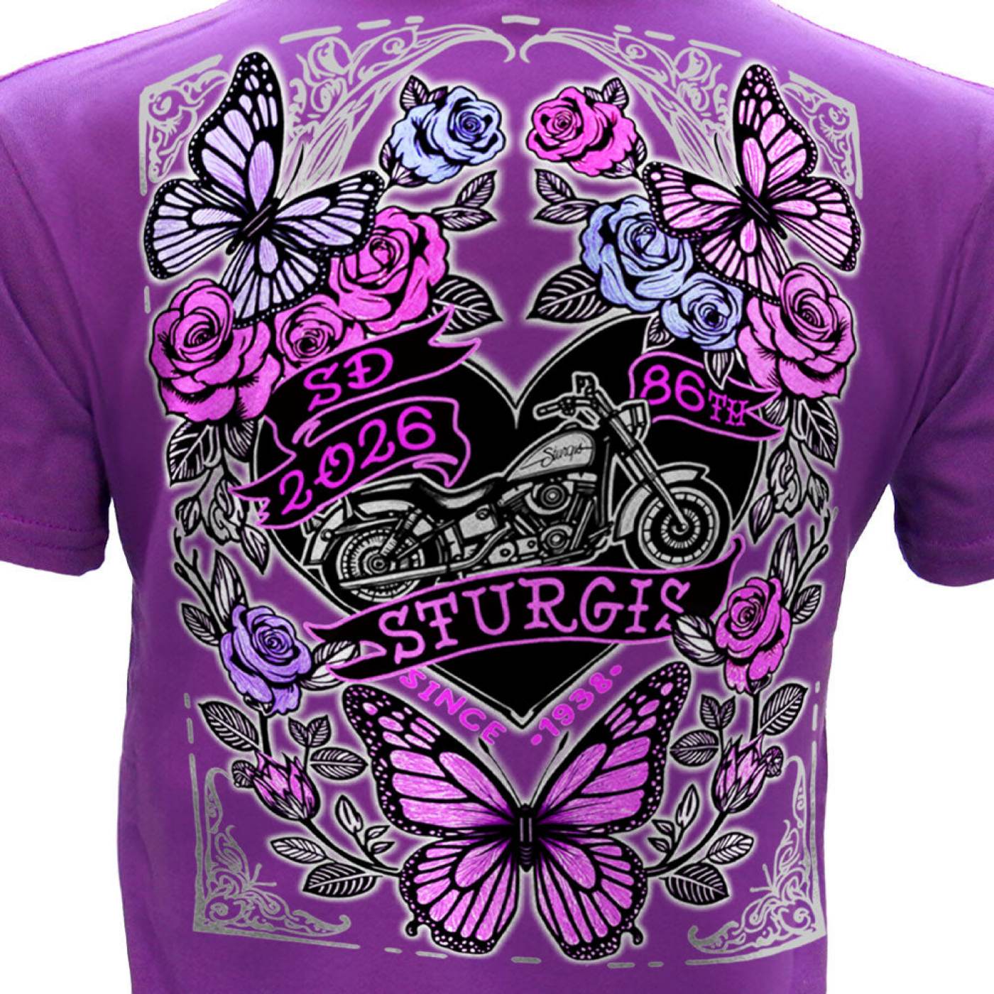 2026 Ladies Sturgis Motorcycle Rally Butterflies and Roses Purple Short Sleeve V-Neck T-Shirt - SPL1936
