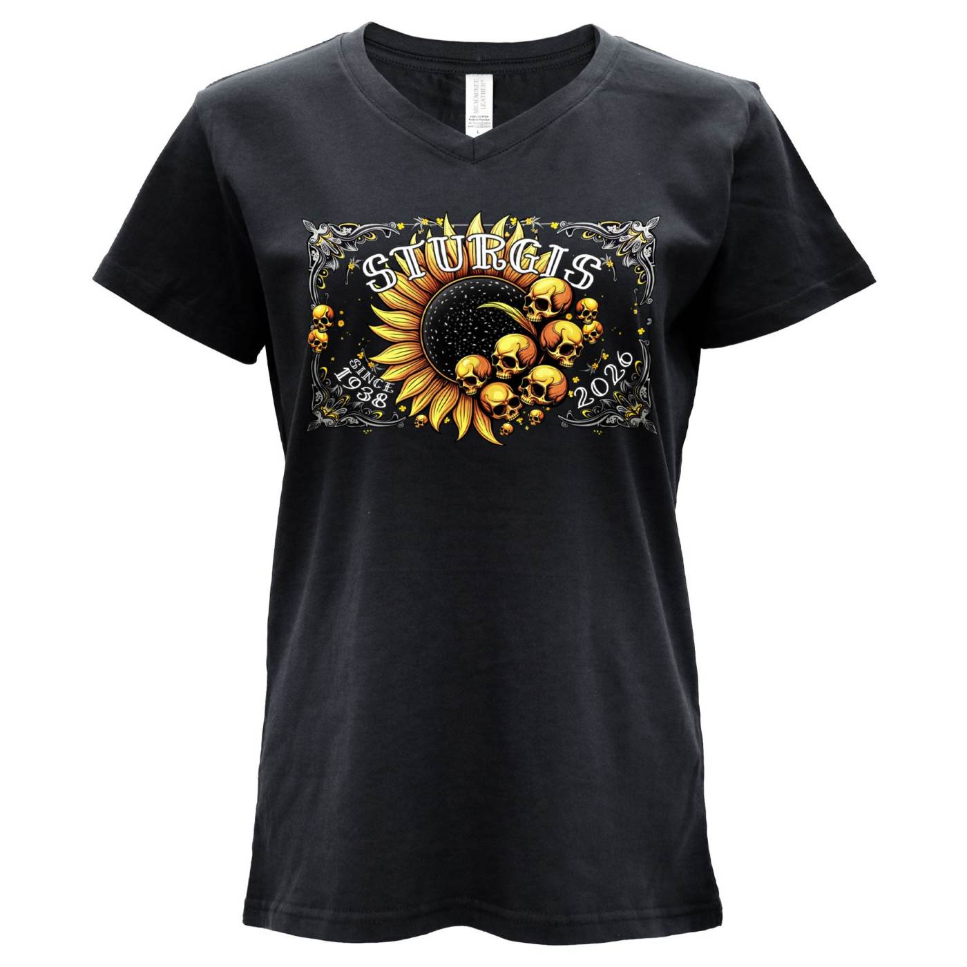2026 Ladies Sturgis Motorcycle Rally Cosmic Flowers Black Short Sleeve V-Neck T-Shirt - SPL1937