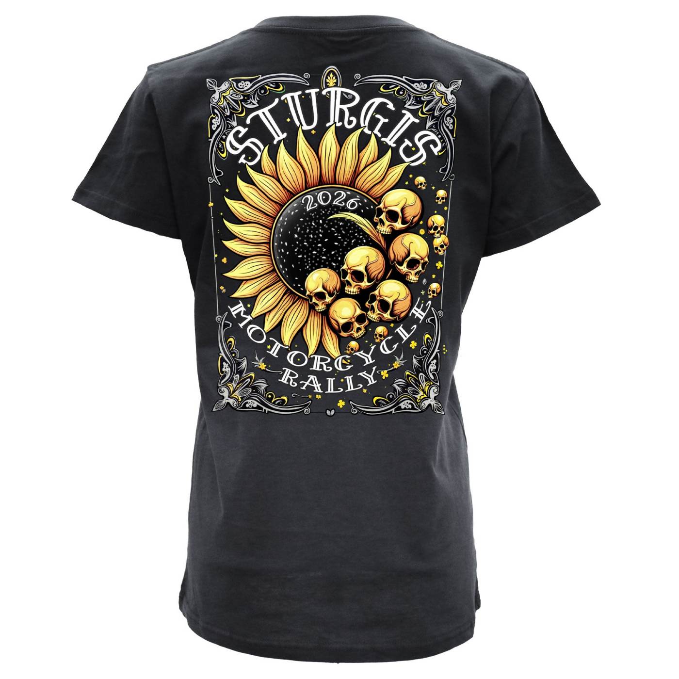 2026 Ladies Sturgis Motorcycle Rally Cosmic Flowers Black Short Sleeve V-Neck T-Shirt - SPL1937