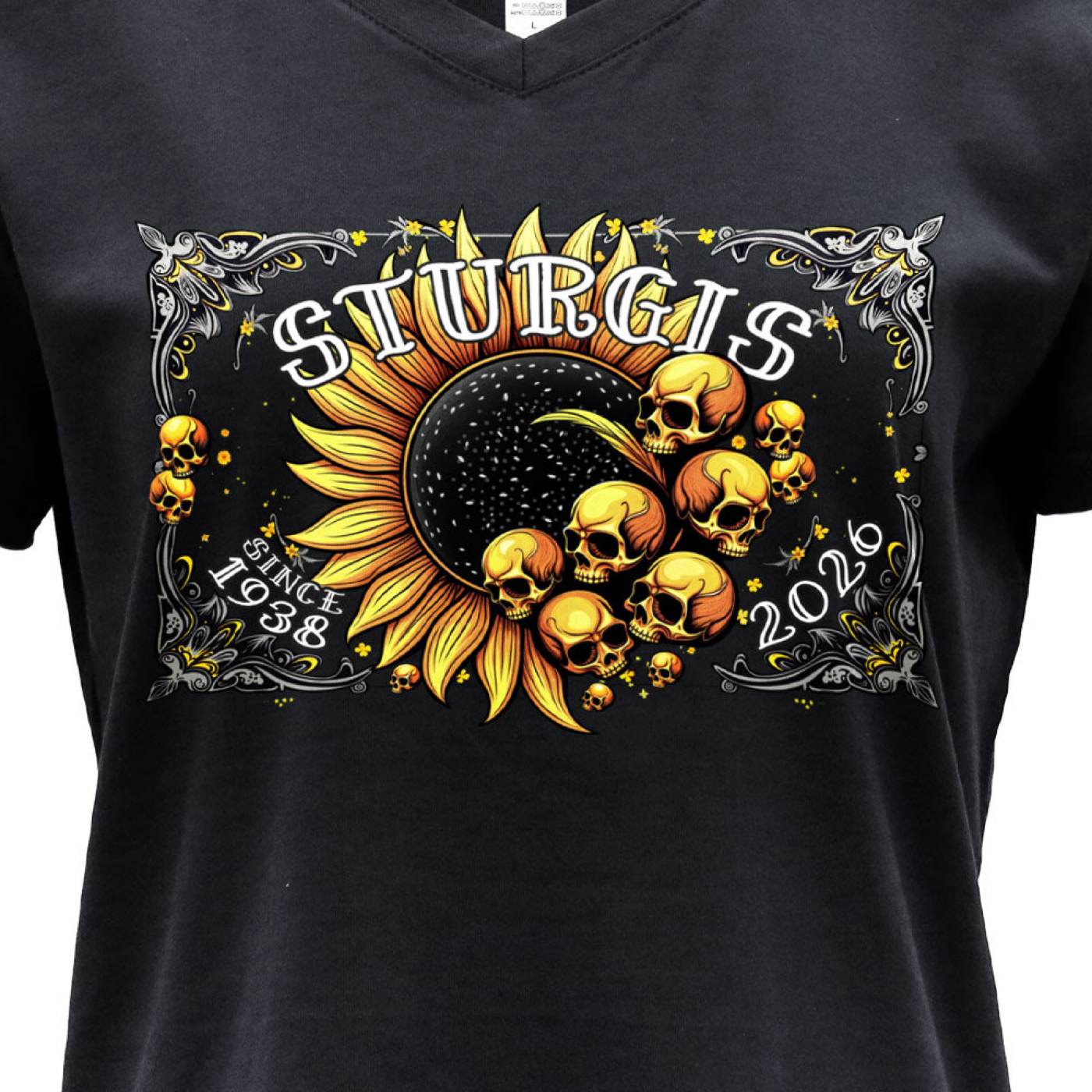 2026 Ladies Sturgis Motorcycle Rally Cosmic Flowers Black Short Sleeve V-Neck T-Shirt - SPL1937