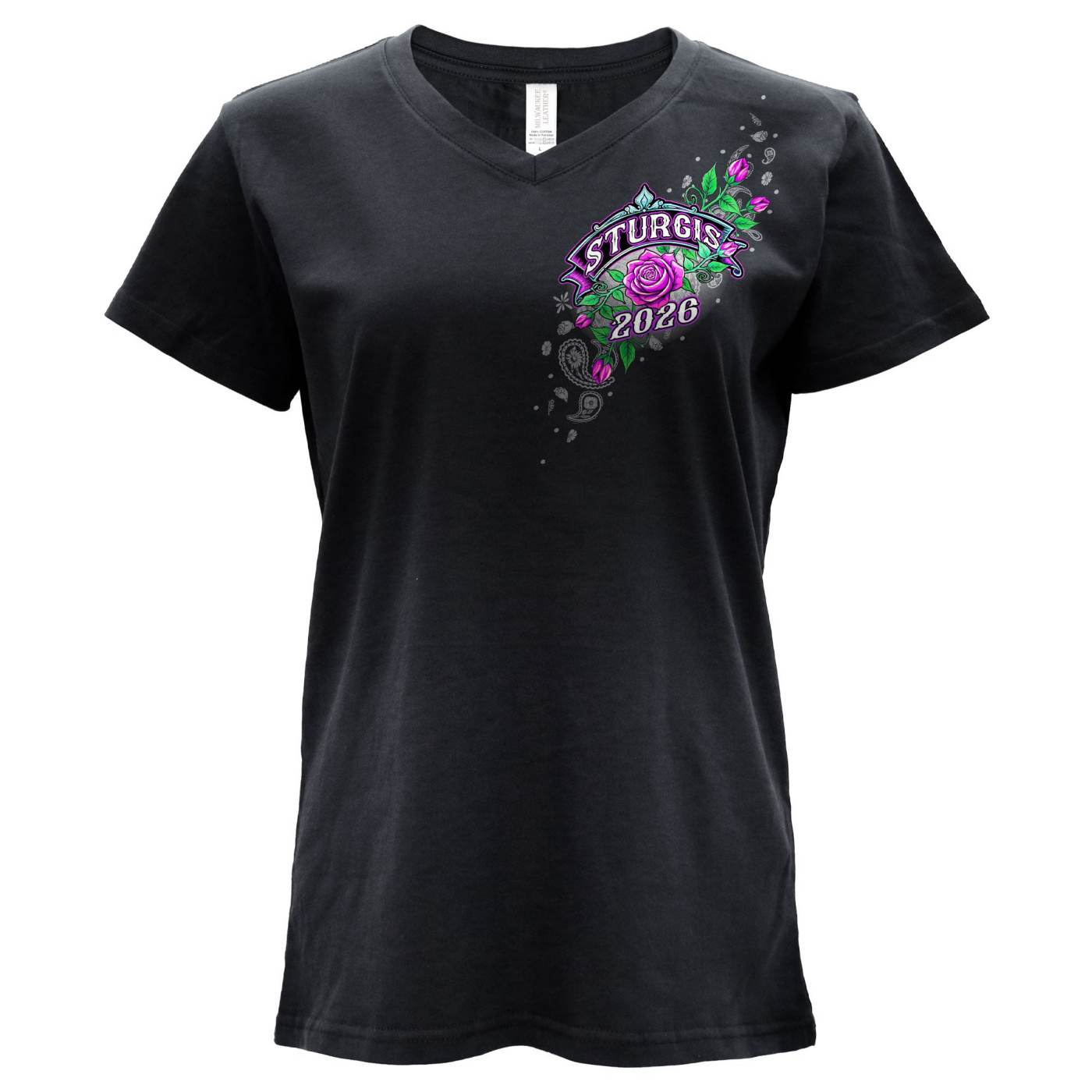 2026 Ladies Sturgis Motorcycle Rally Cross de Lis Black Short Sleeve V-Neck T-Shirt - SPL1939