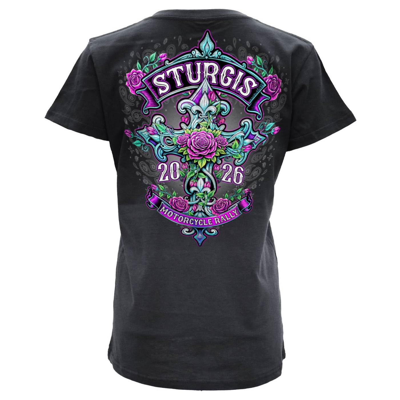 2026 Ladies Sturgis Motorcycle Rally Cross de Lis Black Short Sleeve V-Neck T-Shirt - SPL1939