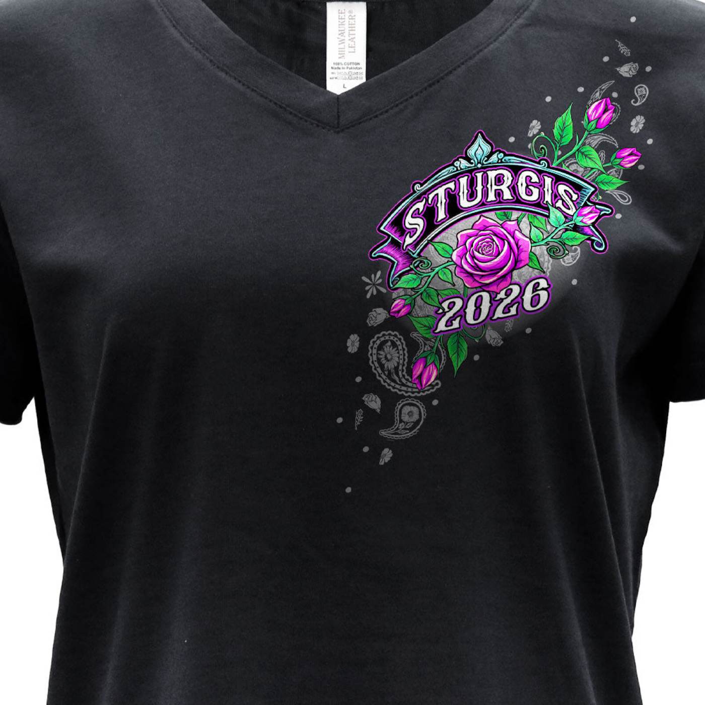 2026 Ladies Sturgis Motorcycle Rally Cross de Lis Black Short Sleeve V-Neck T-Shirt - SPL1939