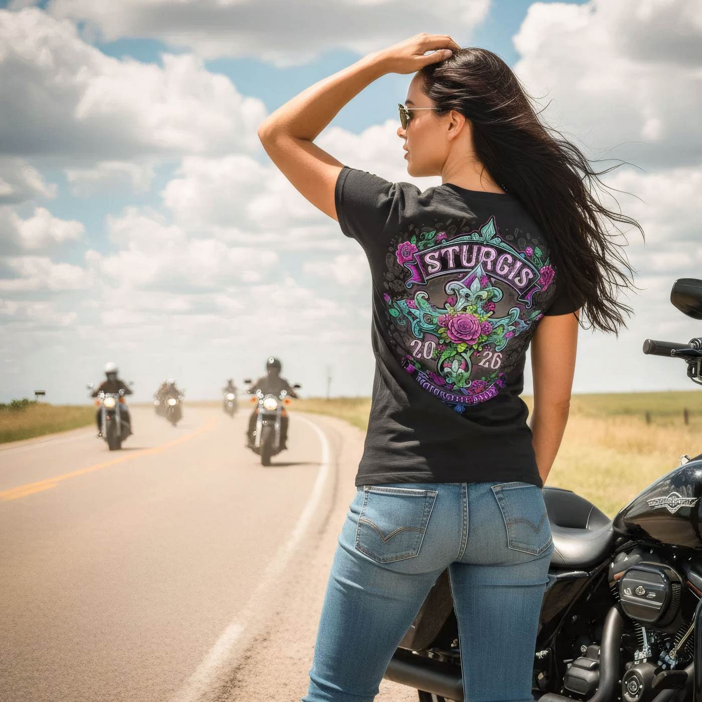2026 Ladies Sturgis Motorcycle Rally Cross de Lis Black Short Sleeve V-Neck T-Shirt - SPL1939
