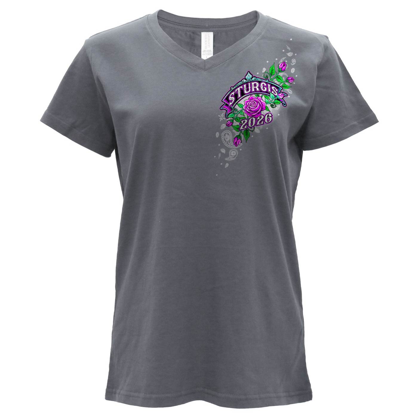 2026 Ladies Sturgis Motorcycle Rally Cross de Lis Gray Short Sleeve V-Neck T-Shirt - SPL1940