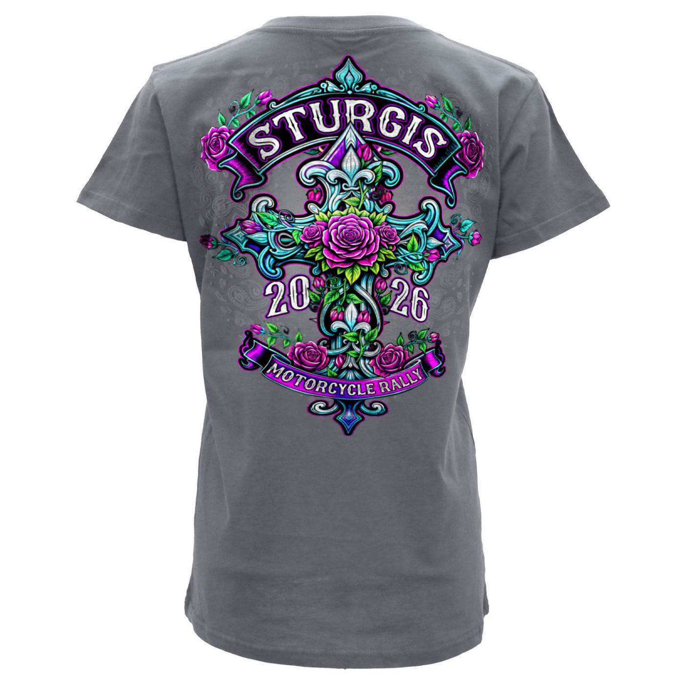 2026 Ladies Sturgis Motorcycle Rally Cross de Lis Gray Short Sleeve V-Neck T-Shirt - SPL1940
