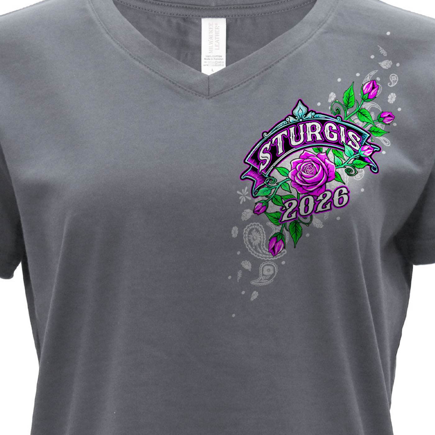 2026 Ladies Sturgis Motorcycle Rally Cross de Lis Gray Short Sleeve V-Neck T-Shirt - SPL1940