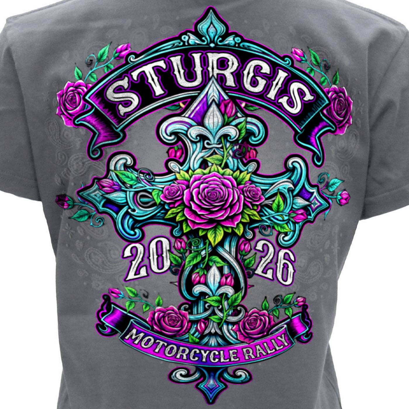 2026 Ladies Sturgis Motorcycle Rally Cross de Lis Gray Short Sleeve V-Neck T-Shirt - SPL1940