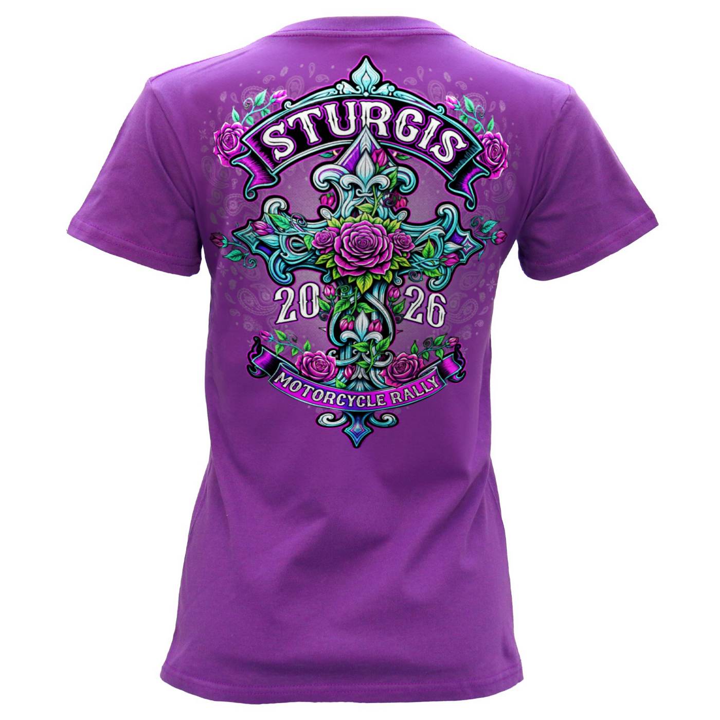 2026 Ladies Sturgis Motorcycle Rally Cross de Lis Purple Short Sleeve V-Neck T-Shirt - SPL1941