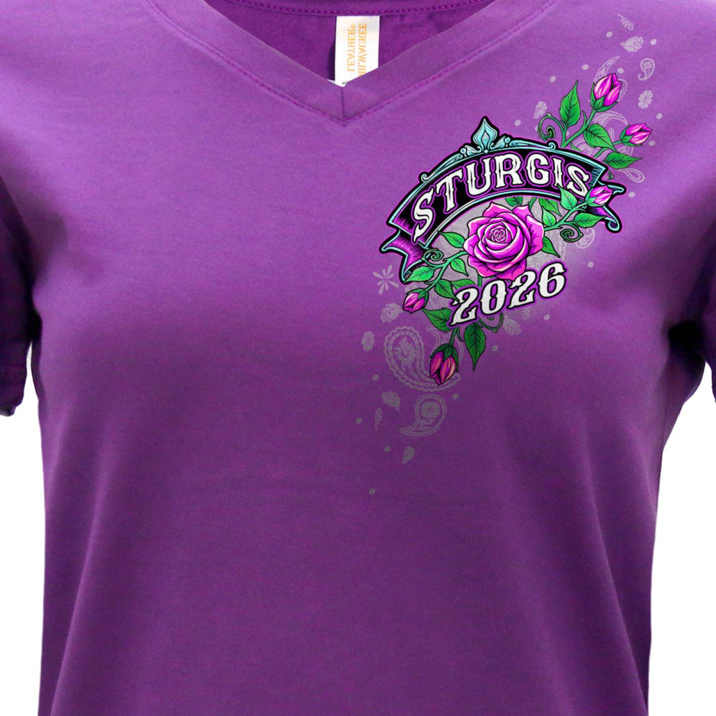 2026 Ladies Sturgis Motorcycle Rally Cross de Lis Purple Short Sleeve V-Neck T-Shirt - SPL1941